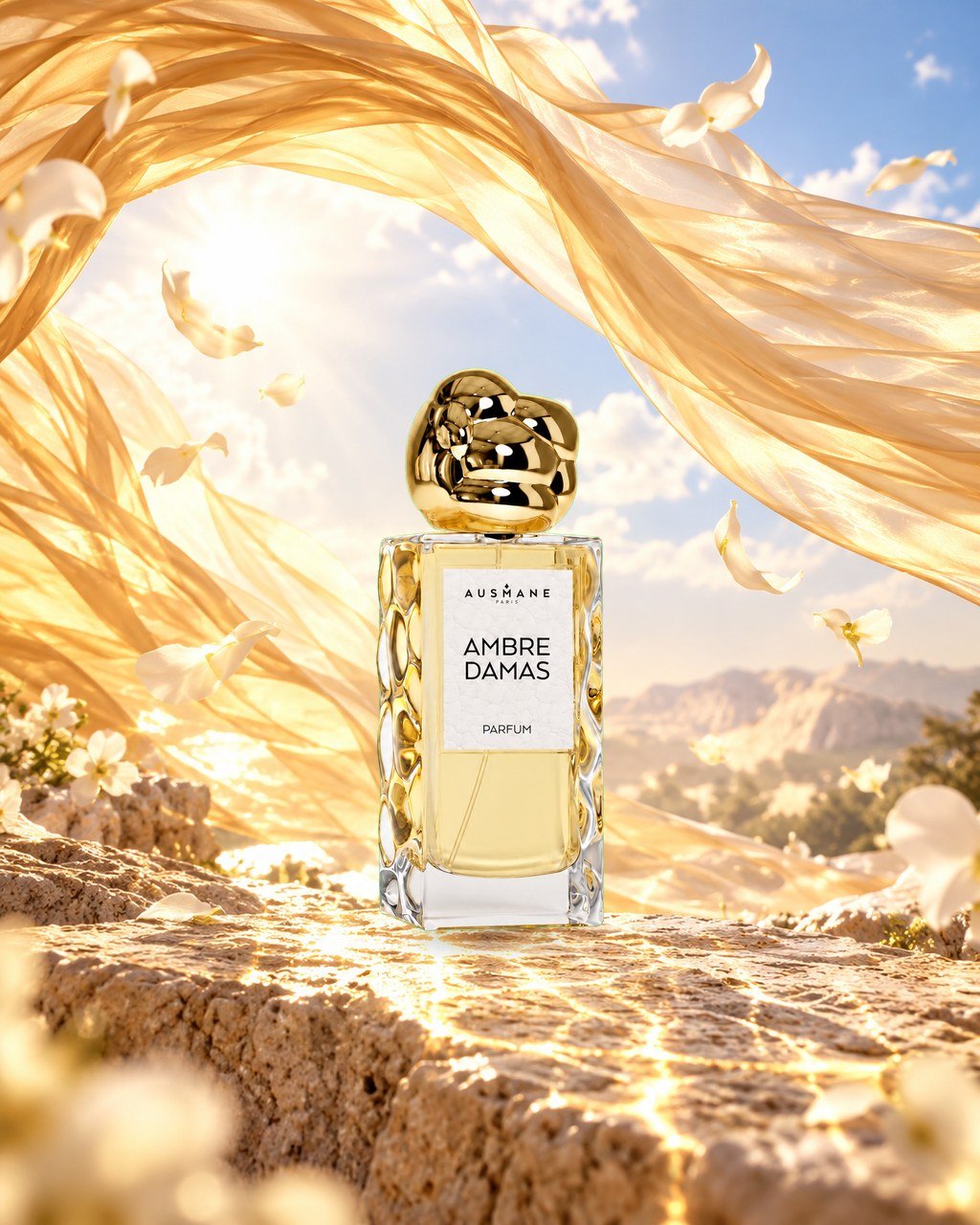 Flacon AMBRE DAMAS, 50 ml, de face, dans la lumière