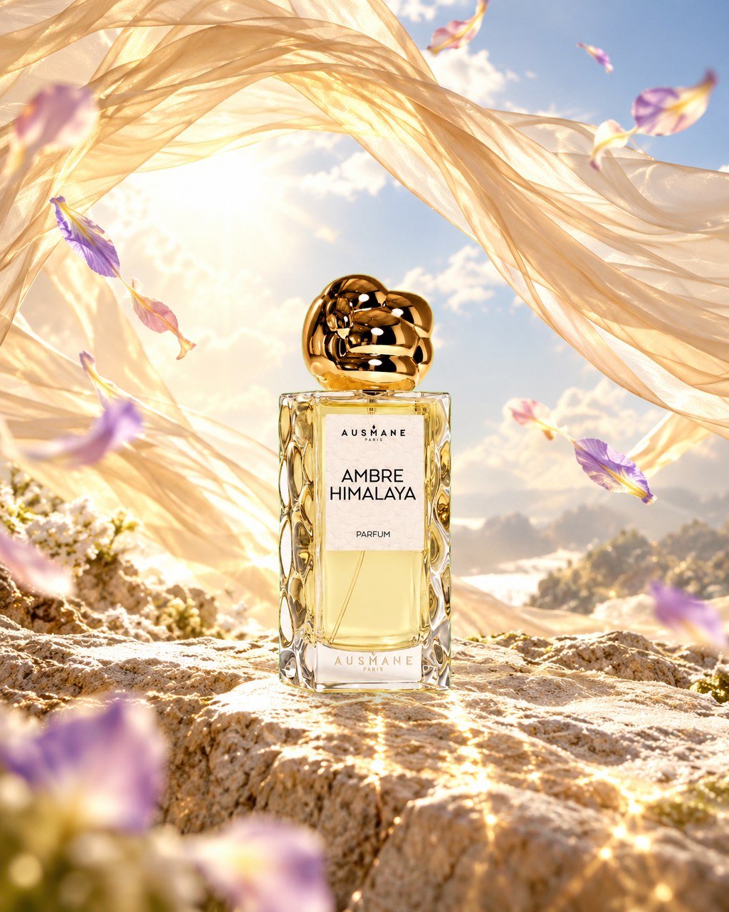 Flacon AMBRE HIMALAYA, 50 ml, de face, dans la lumière