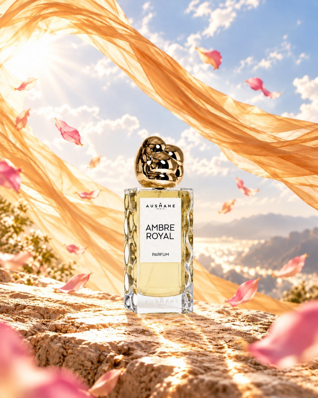 Flacon AMBRE ROYAL, 50 ml, de face, dans la lumière