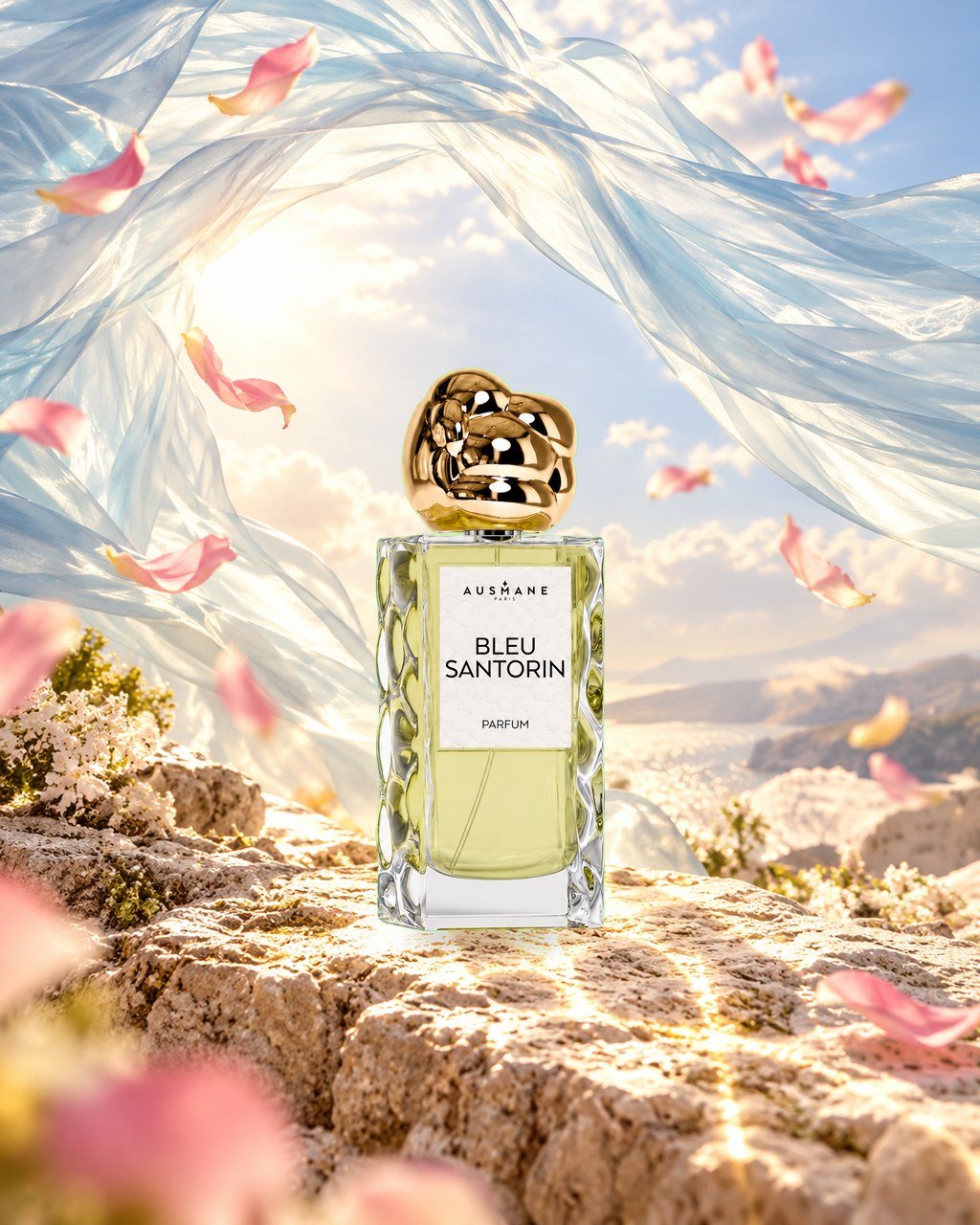Flacon BLEU SANTORIN, 50 ml, de face, dans la lumière