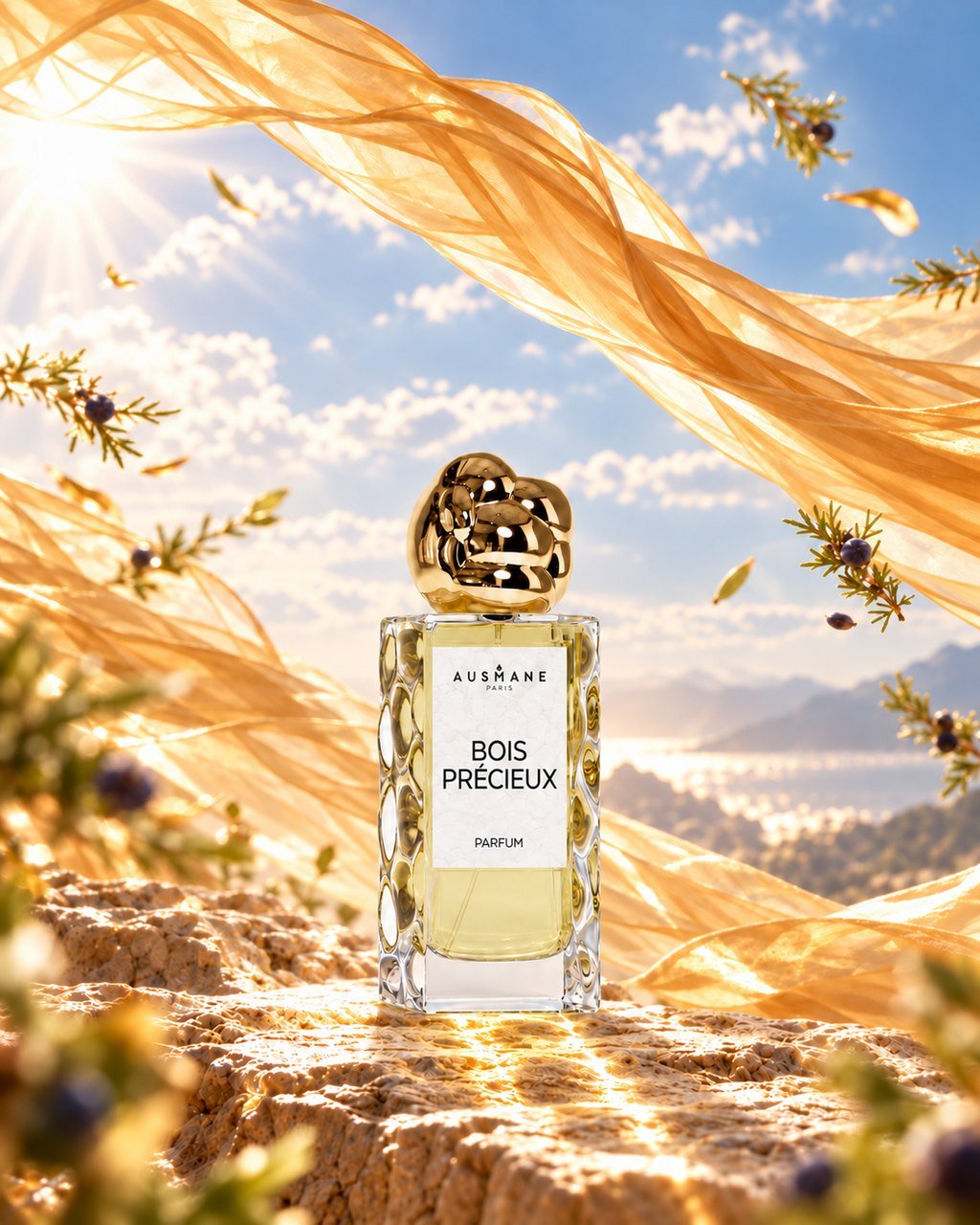 Flacon BOIS PRECIEUX, 50 ml, de face, dans la lumière