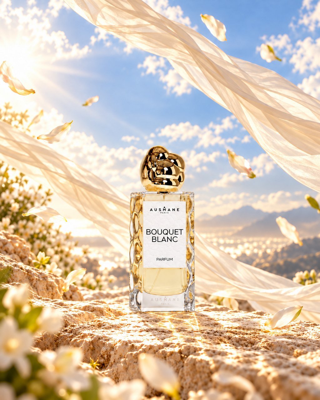 Flacon BOUQUET BLANC, 50 ml, de face, dans la lumière