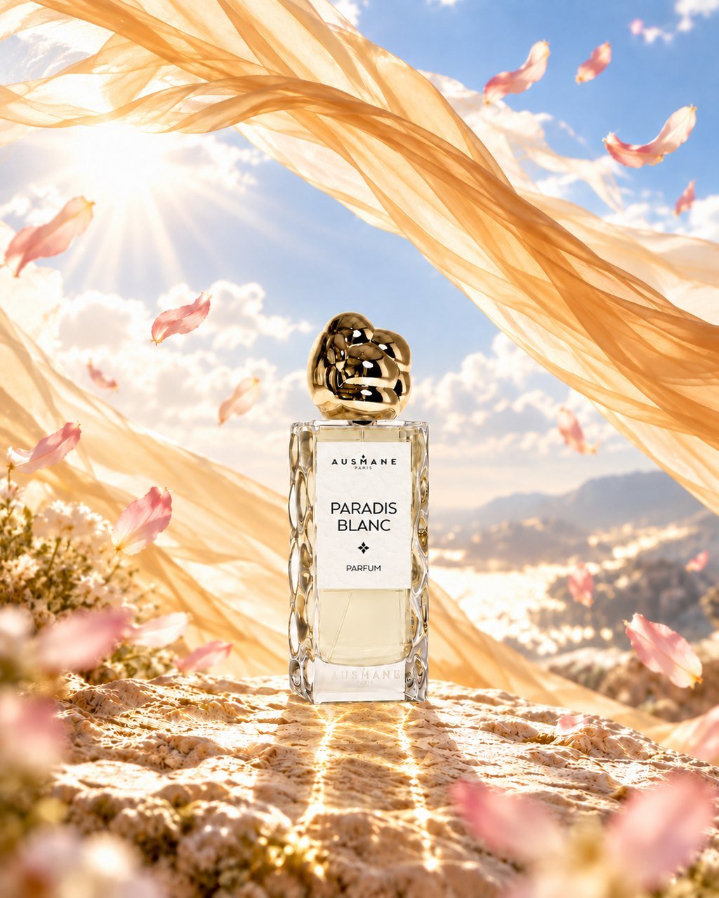Flacon PARADIS BLANC, 50 ml, de face, dans la lumière