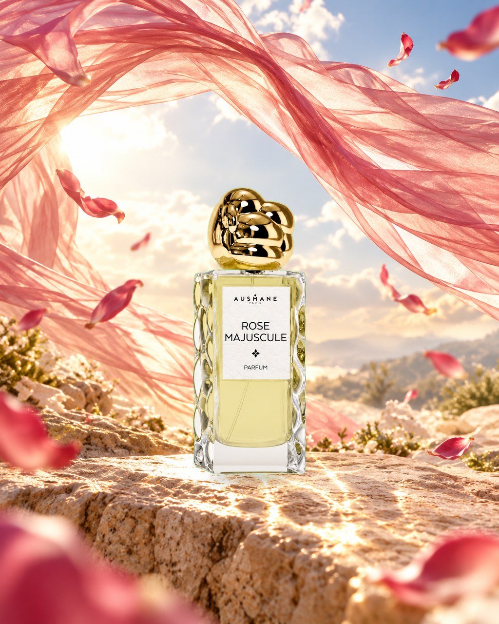 Flacon ROSE MAJUSCULE, 50 ml, de face, dans la lumière