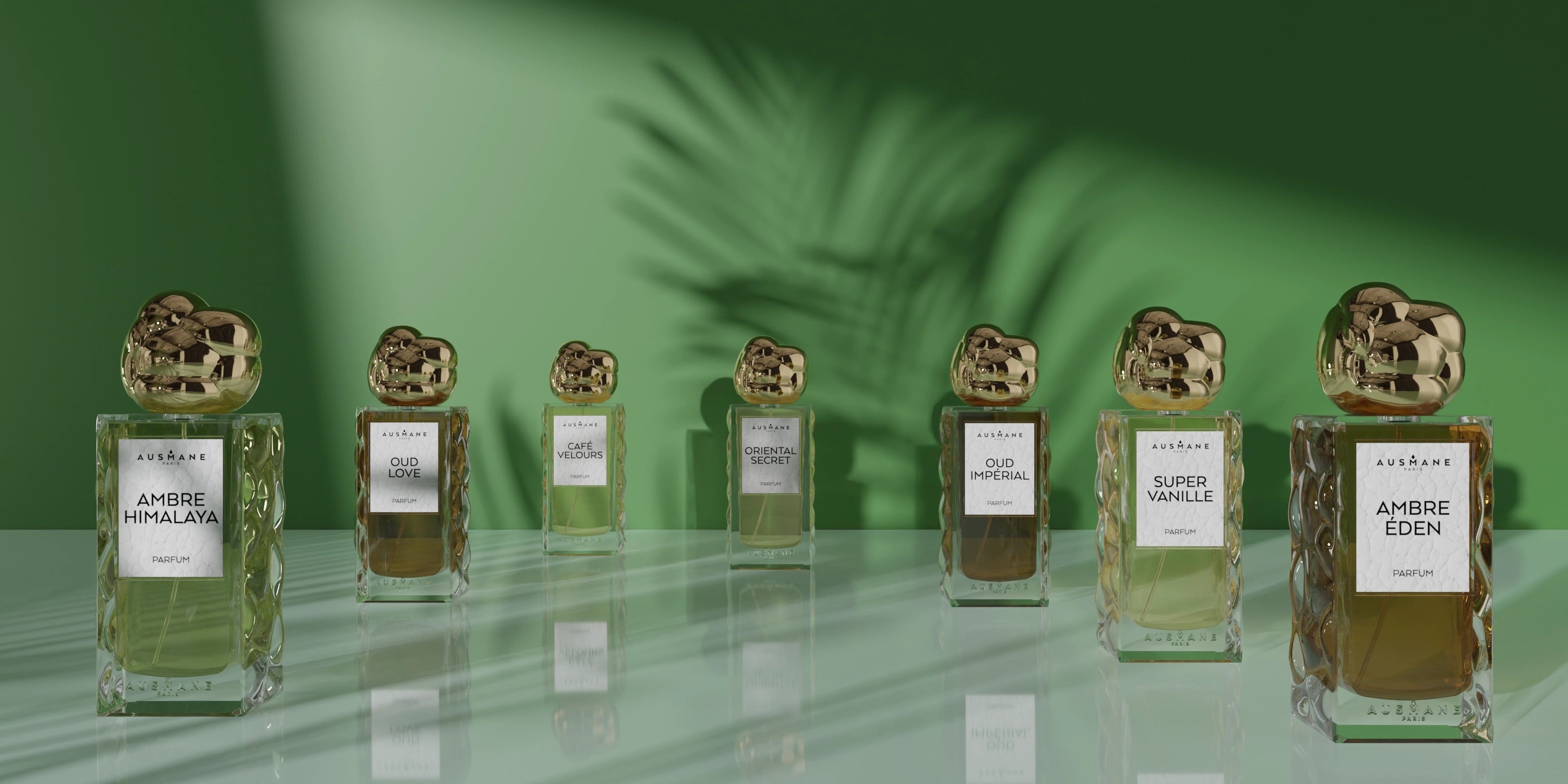 Bannière nouveautés Ausmane – Parfums exclusifs présentés sur fond vert lumineux.