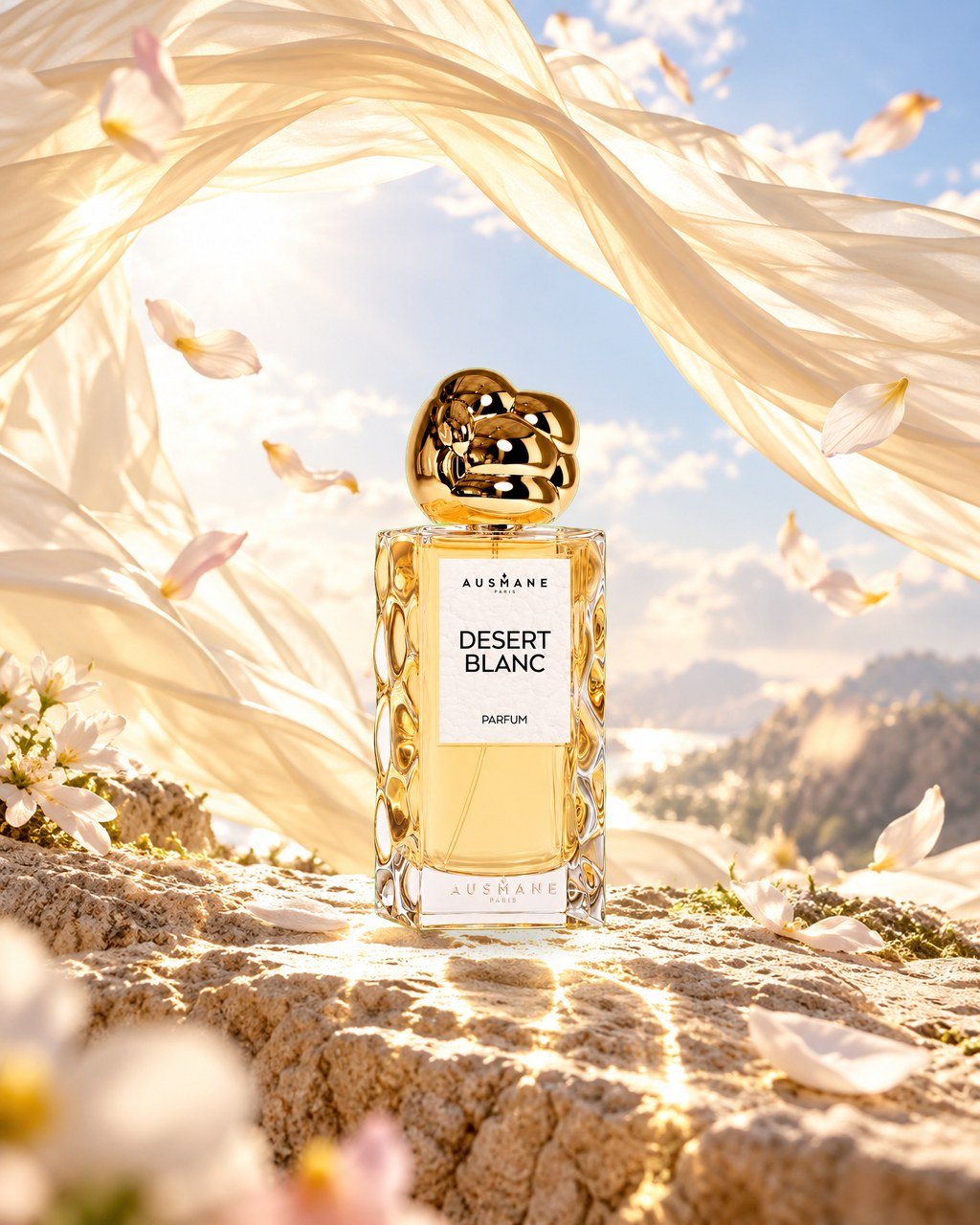 Flacon DESERT BLANC, 50 ml, de face, dans la lumière