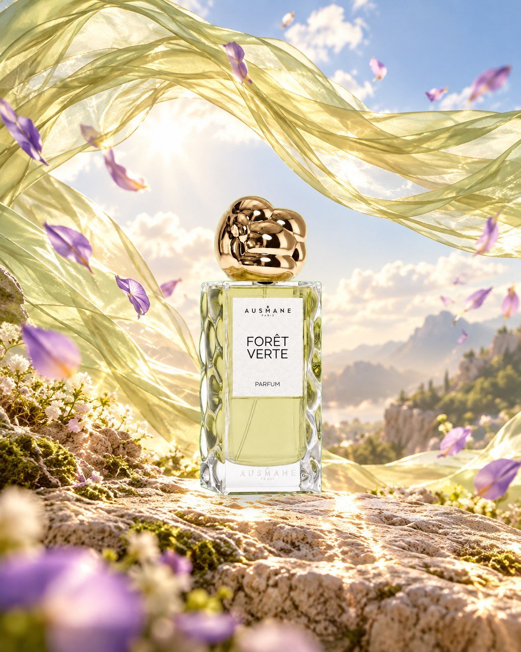 Flacon FORET VERTE, 50 ml, de face, dans la lumière