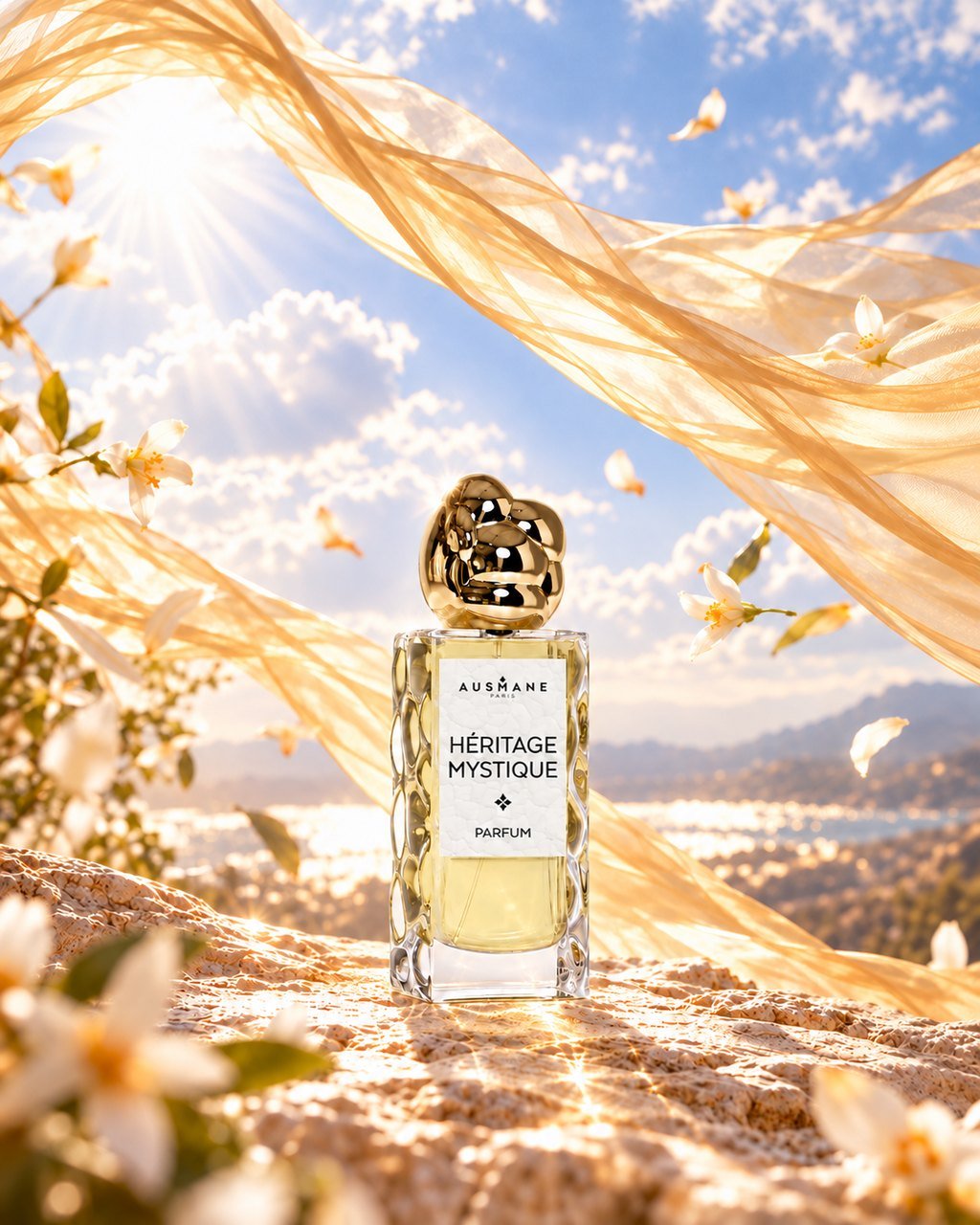Flacon HÉRITAGE MYSTIQUE, 50 ml, de face, dans la lumière