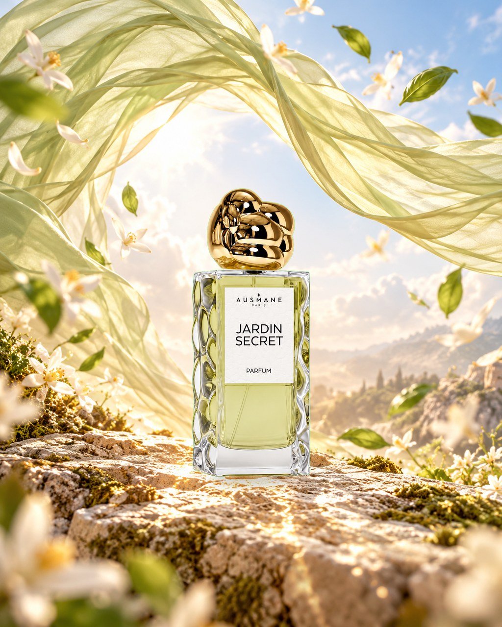 Flacon JARDIN SECRET, 50 ml, de face, dans la lumière