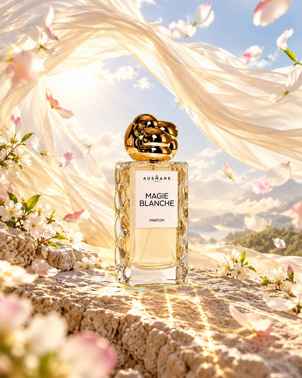 Flacon MAGIE BLANCHE, 50 ml, de face, dans la lumière
