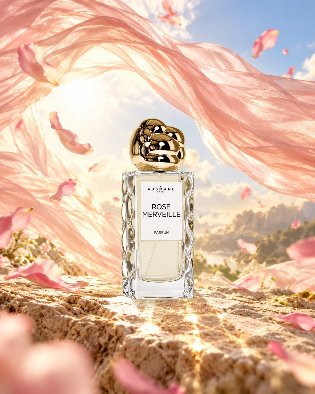Flacon ROSE MERVEILLE, 50 ml, de face, dans la lumière