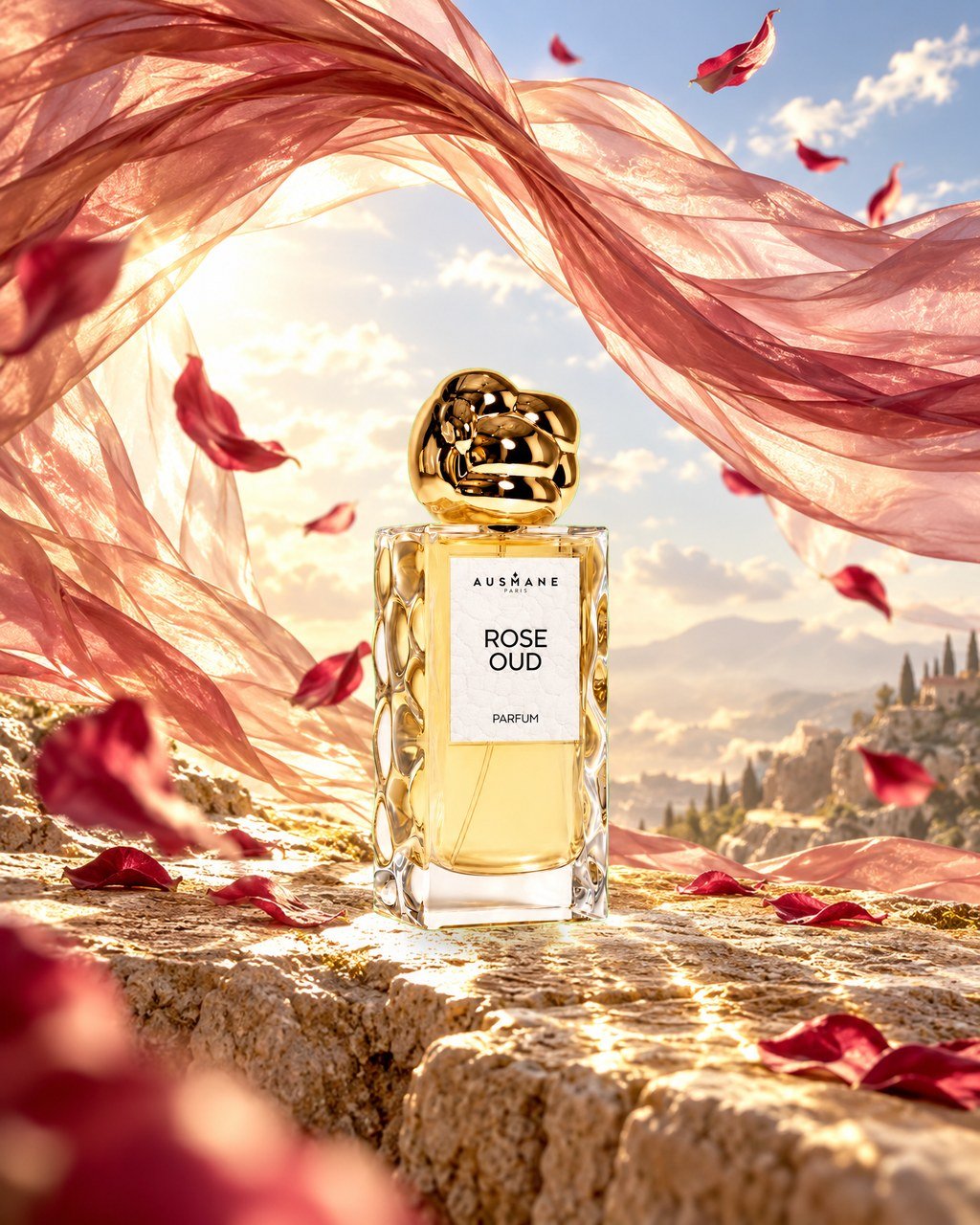 Flacon ROSE OUD, 50 ml, de face, dans la lumière