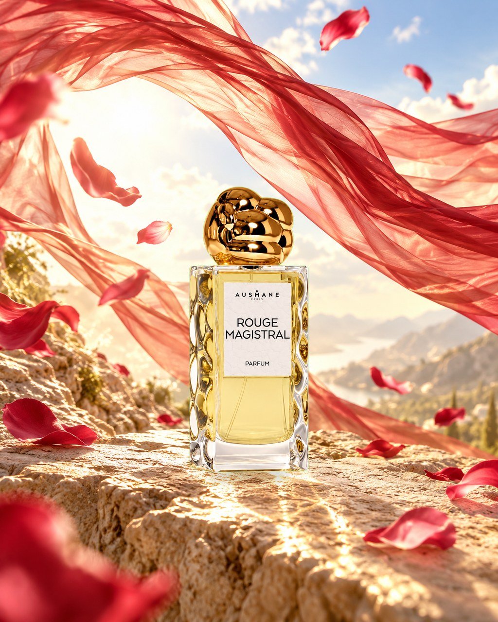Flacon ROUGE MAGISTRAL, 50 ml, de face, dans la lumière